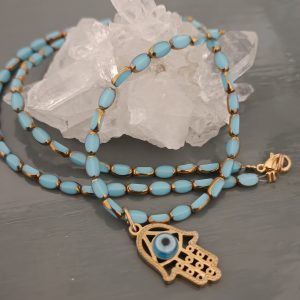 Collier court œil de Fatma bleu doré – Protection